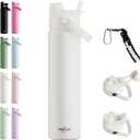 26oz Insulated Water Bottle with 2-in-1 Straw and Spout Lid, 304 Stainless Steel Water Bottle Keep Cold for 24H,Leak-Proof,Sports Water Bottle with Braided Carry Strap for Travel,Outdoors,Cream White