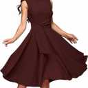 FENJAR Women's Elegance Audrey Hepburn Style Ruched Dress Round Neck Sleeveless Swing Midi A-line Dresses (US, Alpha, XX-Large, Regular, Regular, A-Wine)