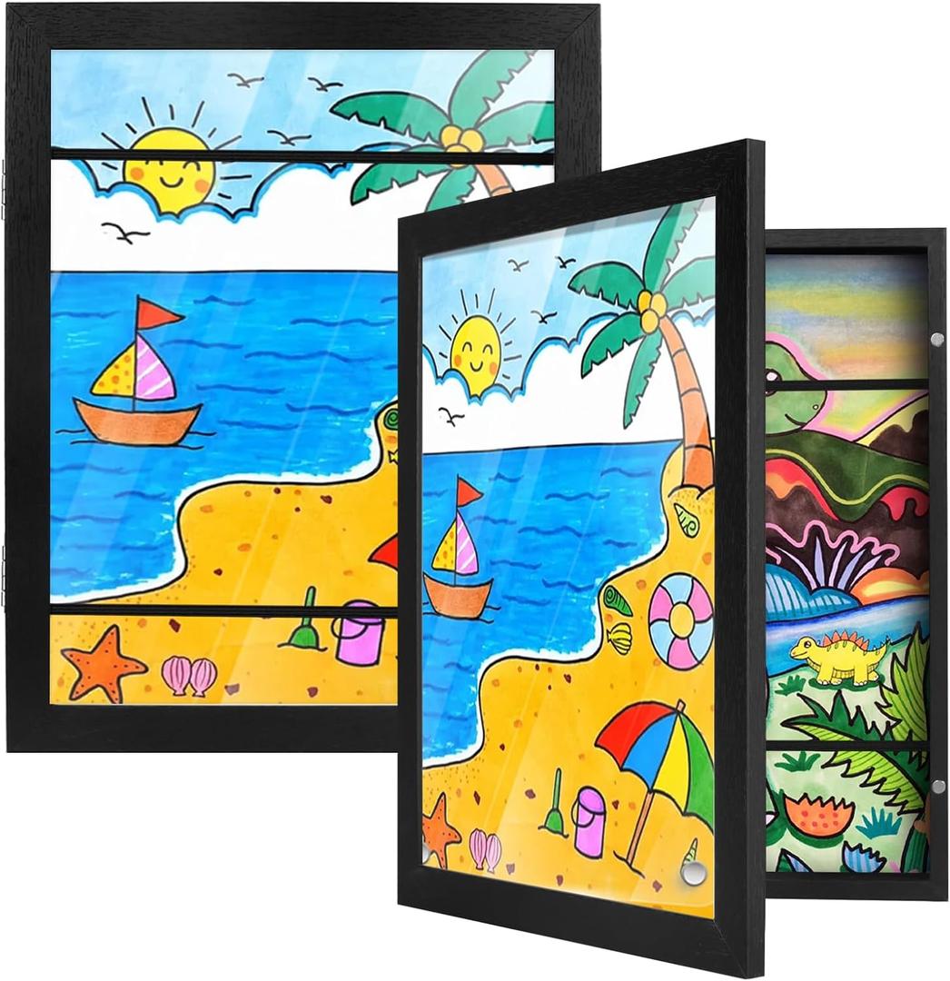 PECULA 2 Packs Kids Art Frame, 8.5x11 Front Opening Kids Artwork Frames Changeable, Holds 100 Drawings Artwork Frames for Kids Art, 3D Picture, Craft Storage, Hanging Wall Decor(Black)