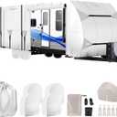 420D Oxford Fabric Travel Trailer RV Cover 22-24ft, 400 LBS Tearproof, Waterproof, Anti-UV & Windproof Camper Cover w/Tongue Jack Cover, Gutter Covers, Tire Covers, Stair Cover, Straps & Storage Bag