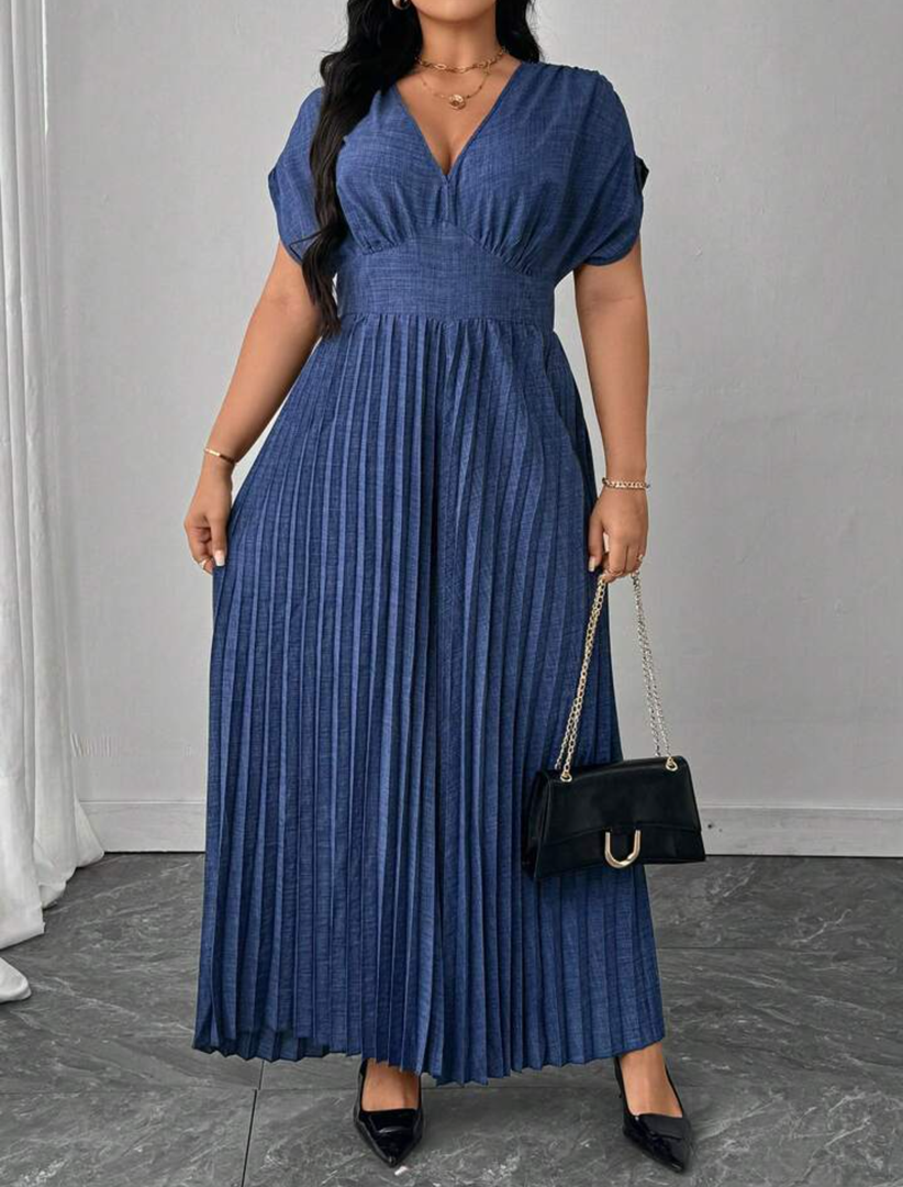 Franclia Plus Size Women's Elegant Solid Color Faux Denim Fabric Gathered Shoulder Jumpsuit, Short Sleeve, Business Casual Formal Office Wear, Commuter Attire, 96% Polyester, 4% Elastane, SIZE M
