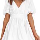BWQ Women Mini Dress Short Puff Sleeve Sexy V Neck Dress A-line Elastic High Waisted Casual Flowy Summer Dresses (White)