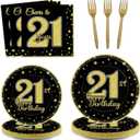 200 Pcs 21st Birthday Party Supplies Black Gold Paper Plates Cheers to 21 Years Paper Plates and Napkins Forks Disposable Black Gold Birthday Tableware Set for Kids 50 Guests Decorations Supplies