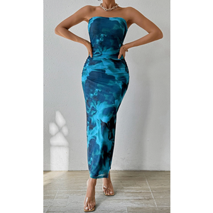 PRETTYGARDEN Women Summer Strapless Maxi Dress Bodycon Floral Sexy Long Wedding Guest Dress Formal Tube Mesh Cocktail Dresses (Medium)