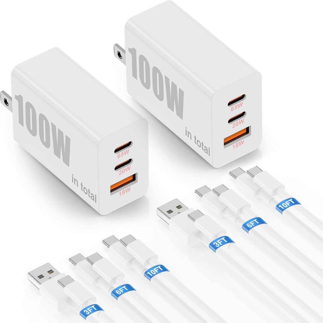 USBC Super Fast Charger 100W(in Total), Typc-C Charging Block 65W for iPhone 17/16/15 Pro Max,Plus,iPad Air,MacBook, Samsung Galaxy S26 Ultra/S25,Tab,Android, 3+3FT USB &6+6+10+10FT USBC Cable