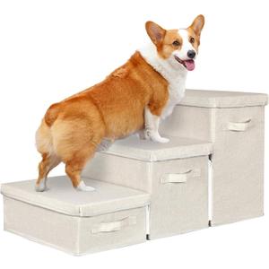 Pet Stairs with Storage, Pet Step for Small Dogs and Cats, 3-Step Folding Pet Steps with Zip, Cat Stairs Dog Steps for Bed, Couch and Car Ramp (Beige, 3 Steps)