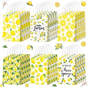 Yeaqee 24 Pcs Lemon Gift Bags with Handle Yellow Gift Bags Summer Fruit Candy Treat Goodie Pouches Wrapping Fresh Lemon Paper Pouches for Summer Wedding Birthday Party Supplies