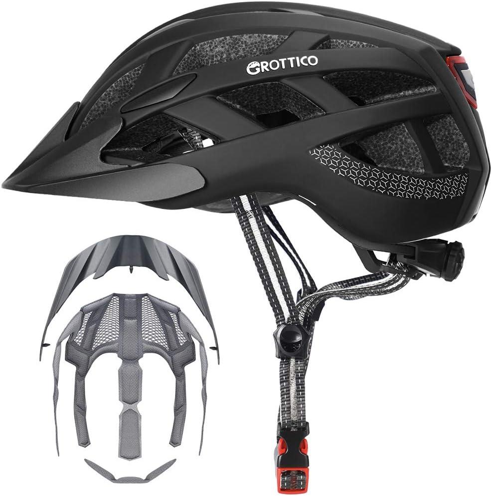 Adult-Men-Women Bike Helmet with Light - Mountain Road Bicycle Helmet with Replacement Pads & Detachable Visor (M(55-58cm), Matte Black)