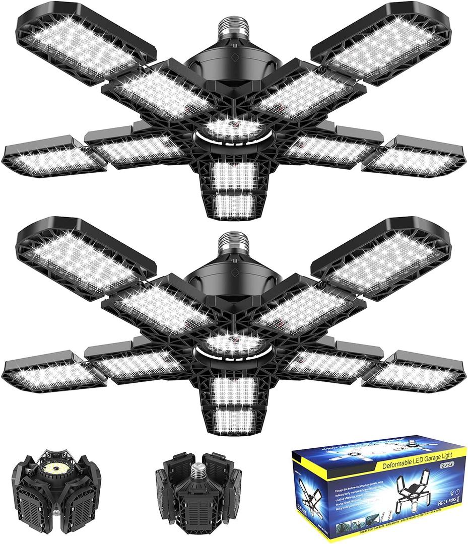 Nexillumi 2-Pack Led Garage Light 180W, 36000LM Garage Lights Ceiling LED with E26/E27 Medium Base, 6000K Deformable LED Shop Lights with 10+1 Adjustable Panels for Garage, Workshop, Attic, Basemen
