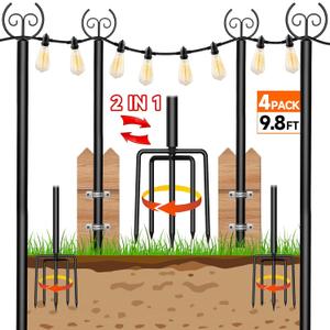 4 Pack 9.8 FT Light Poles Stand for Outside Garden,Metal Poles for Hanging Outdoor Light Strings Patio,Wedding,Backyard,Deck,Party