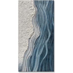 Art 24x48 inches Hand-Painted Blue and White Textured Art Oil Painting - Modern Abstract sea Wave Landscape Art - Suitable for Wall Decoration in Home Office