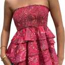 Women's Boho Paisley Strapless Tube Tops Ruffle Layered Smocked Vacation Bandeau Top (Red, M)