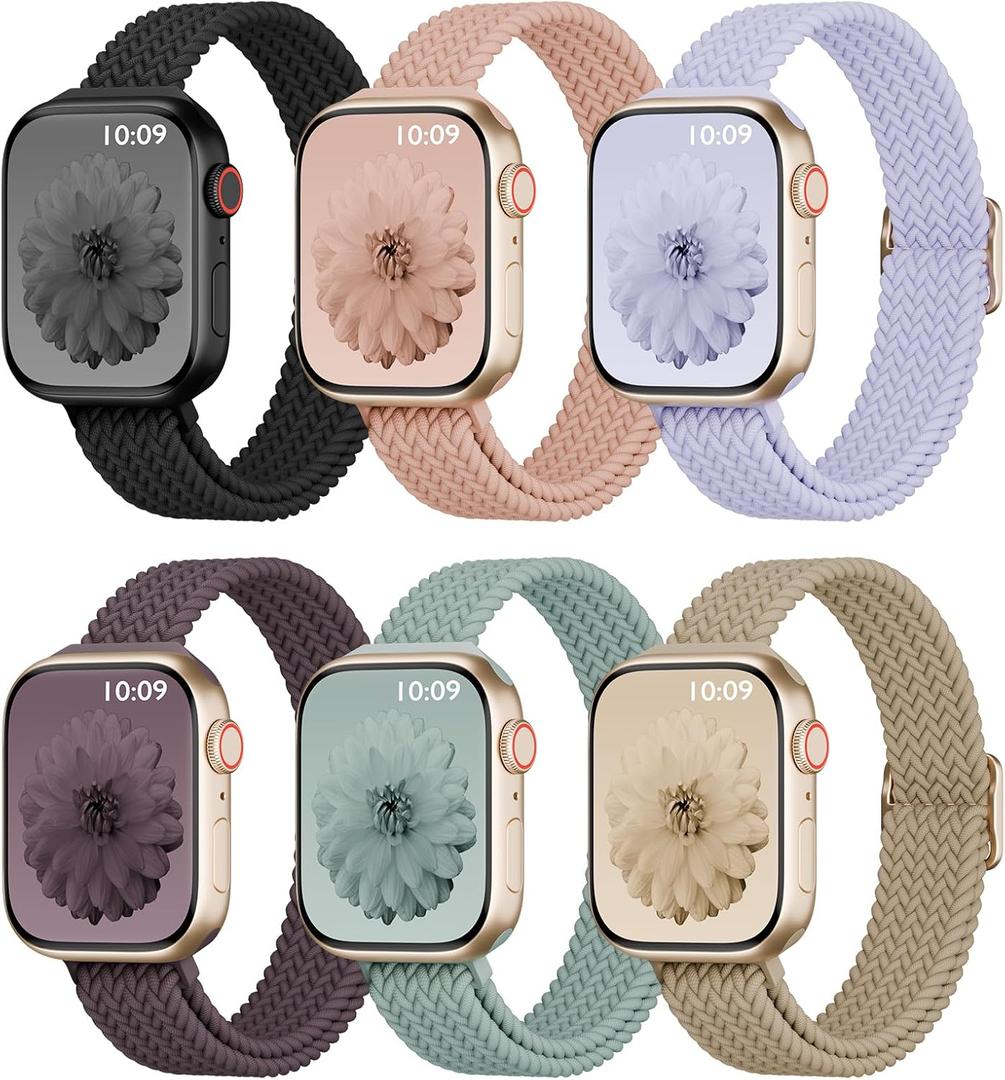 6 Pack Thin Stretchy Braided Compatible with Apple Watch Band 38mm 40mm 41mm 42mm 44mm 45mm 46mm 49mm Women Men, Solo Loop Nylon Slim Strap for iWatch Bands Series 11 10 SE 9 8 7 6 5 4 Ultra 3 2 1