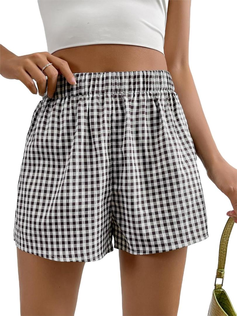 SOLY HUX Women's Y2K Striped Boxer Shorts Elastic High Waisted Straight Leg Workout Gym Shorts (Black Plaid) S