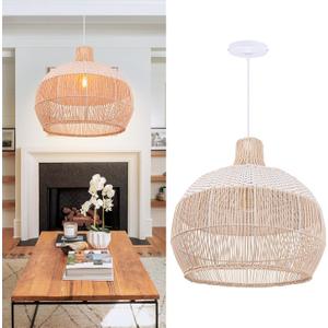 Arturesthome White Handwoven Rattan Boho Pendant Lighting Fixtures, Wicker Hanging Ceiling Light Chandelier, Handmade Woven Basket Lampshade for Kitchen Island, W 15.7" * H 13.7"