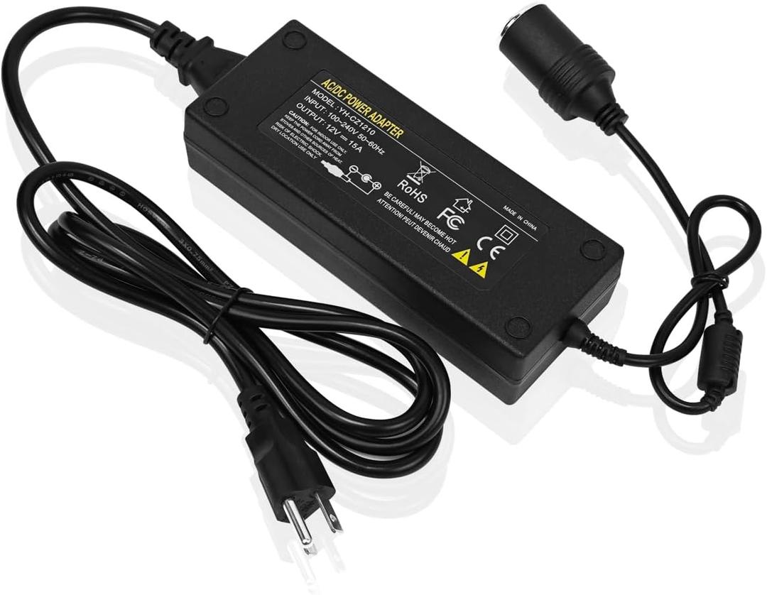 180W AC to DC Converter, 110V to 12V 15A Car Cigarette Lighter Socket AC/DC Adaptor Power Supply for Car Refrigerator, Tire Inflator, Vacuum Cleaner and Other Devices 7.2FT