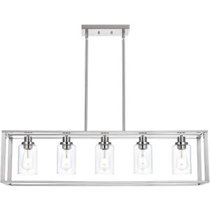 VINLUZ 5 Light Industrial Modern Dining Room Chandelier in Brushed Nickel Finish with Clear Glass Shade Classic Pendant Island Lighting Fixture for Living Room Bedroom