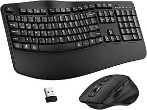 Wireless Keyboard and Mouse Combo, 2.4G Full Size Wave Keys Ergonomic Keyboard with Wrist Rest and 3Level DPI Adjustable Wireless Ergonomic Mouse for Windows, Mac OS Desktop/Laptop/PC(Black)