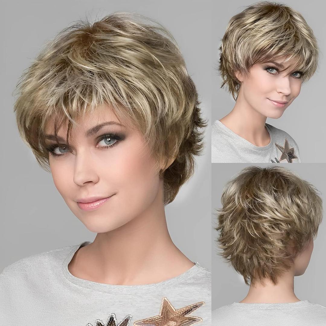 HAIRCUBE Human-hair Like Texture Blonde Mixed Off-white Short Pixie Cut Wigs for Women with Bangs Synthetic Replacement Wigs