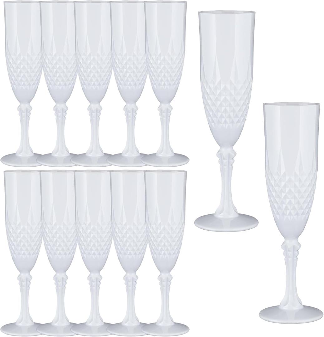 Plastic Champagne Flutes,12PCS White Solid Wine Glasses Goblets Shatterproof Mimosa Bar Reusable Vintage Champagne Flutes Stemmed Drinking Cups for Weddings, Bachelor Parties, Toasting,Cava, Prosecco
