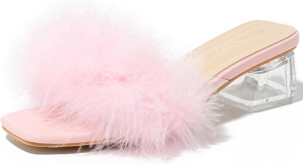 Women's Square Toe Heeled Sandals Low Block Chunky Heels Clear Mules Fluffy Feather Slip on Wedding Bridal Party Dress Shoes, Size 37