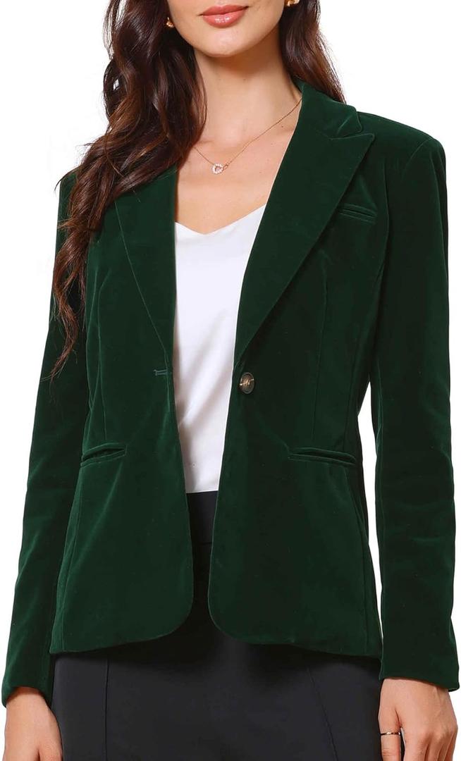 Allegra K Velvet Blazer for Women Casual Business Button Jacket Winter Lapel Long Sleeve Vintage Christmas Blazers, Small, Dark Green