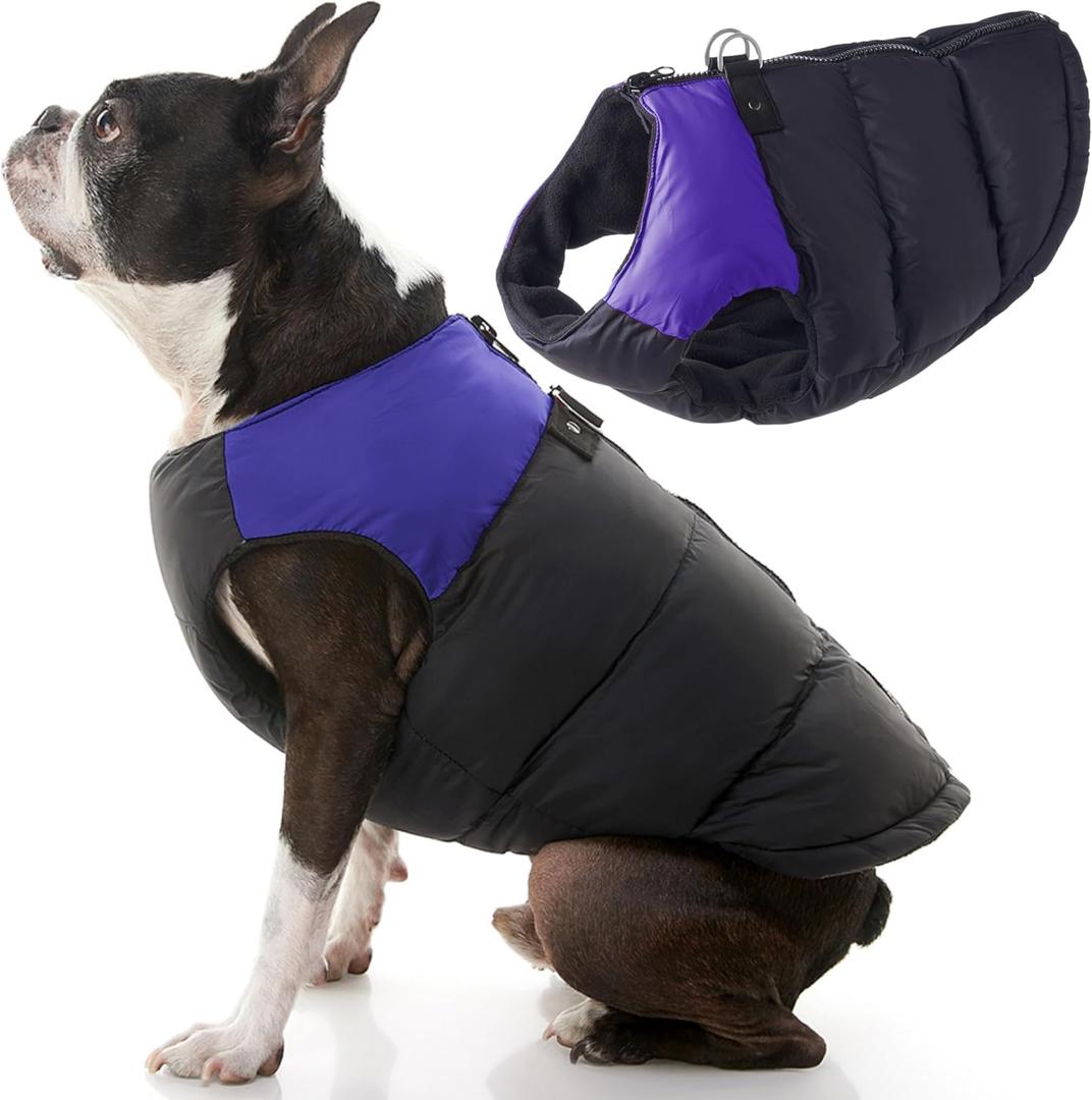 Gooby Padded Vest Dog Jacket - Purple, Medium - Warm Zip Up Vest Fleece Jacket with Dual D Ring Leash Water Resistant for Medium Dogs