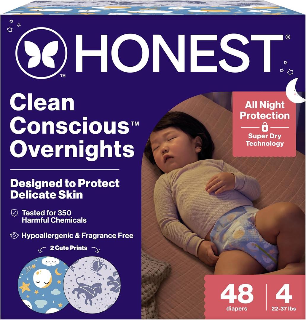 The Honest Company Comfort Dry Disposable Overnight Diapers for Sensitive Skin, Hypoallergenic, Baby Cozy Cloud and Star Signs Design Club Box Size 4 (22–37 lbs) 48 Count