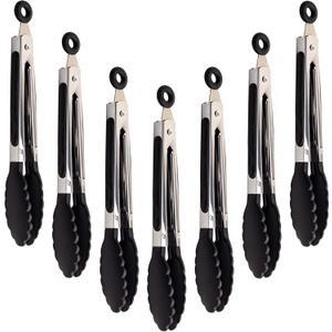 Winning team 7 Pack Kitchen Tongs Set 7-Inch Black Mini Small Food Tongs with Stainless Steel Silicon Handles and Nylon Tips Heat Resistant Tongs for Cooking, Serving, BBQ, Grilling, Salad and More