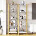 Bookcase Shelf, Small Narrow Bookshelf with Metal Frame, Gold Modern Display Storage Organizer,Industrial Display Standing Shelf Unit for Bedroom, Living Room(White and Gold,2PCS) (5 Tier-2 Pcs)
