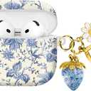 Compatible with AirPod 4,2024, The Full-Protection Shockproof Wireless Earphone case Comes with a Cute and Beautiful Strawberry Keychain Pendant, Suitable for LadiesFlowers Blue Strawberry