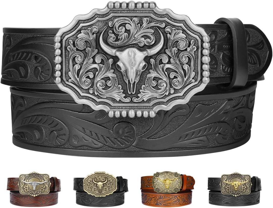 Leather Western Buckle Belts for Woman Men Christmas Gifts, Cowboy Cowgirl Country Embossed Belt for Jeans (Black)