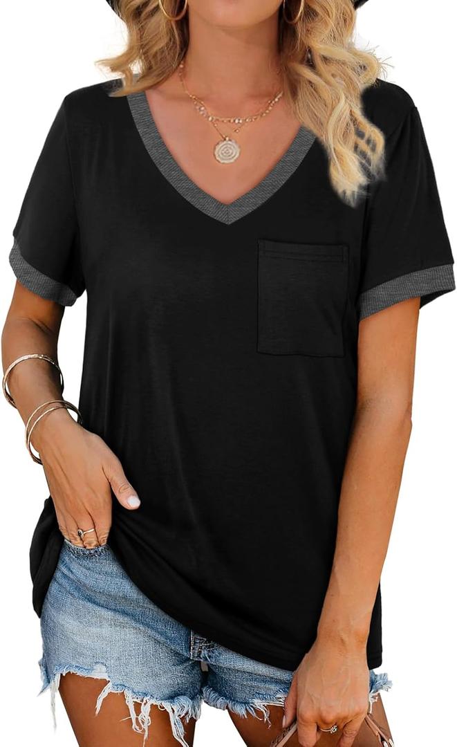 Geifa Womens T Shirts Short Sleeve V Neck Loose Casual Summer Tops with Pocket (X-Large, Black)