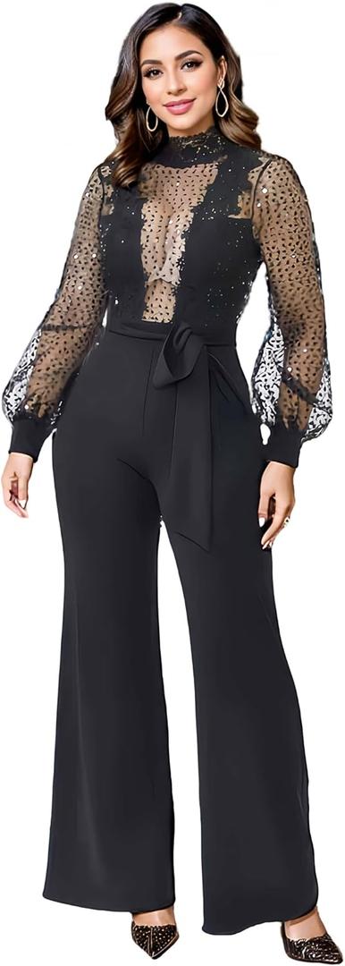 Elegant Sequin Jumpsuits for Women Formal Evening Party,Wedding Guest (Large, Black-x6053)