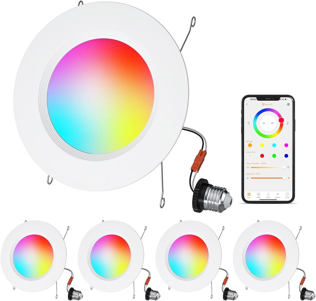 Smart Recessed Lighting, 5/6 inch, Compatible with Alexa, Smart LED Downlight, 13W 1050LM Led Lights, Smart Can Lights Multicolor APP Dimmable, 4-Pack (RGB+CCT 4Pack)