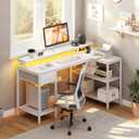 DUMOS 47 Inch Gaming Desk, Monitor Stand, LED Lights, Storage Shelves | USB Charging Ports, Power Outlets, Reversible L Shaped Corner, Small Spaces, White, 31.5‘’x 31.8'' x 47''