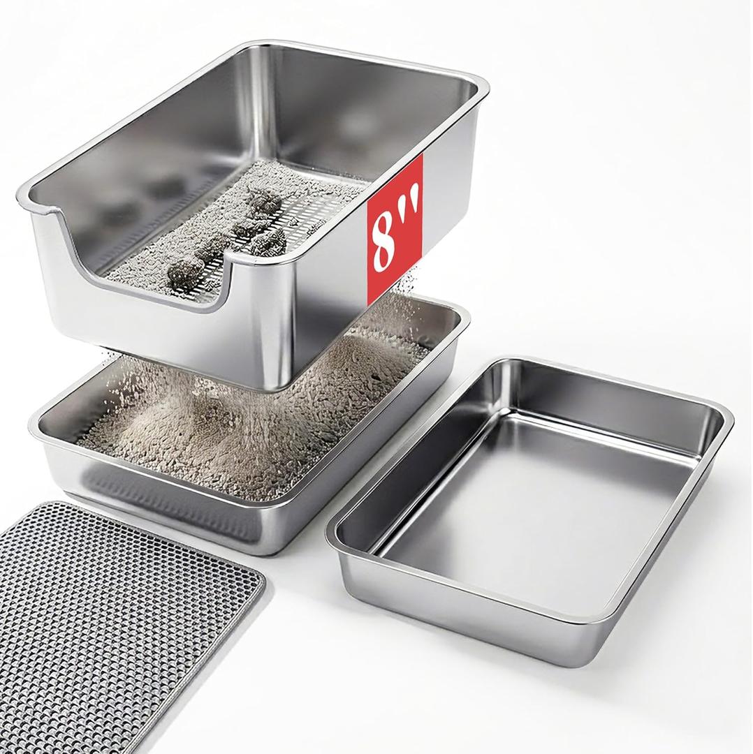 8" Stainless Steel Sifting Cat Litter Box for Clumping Clay