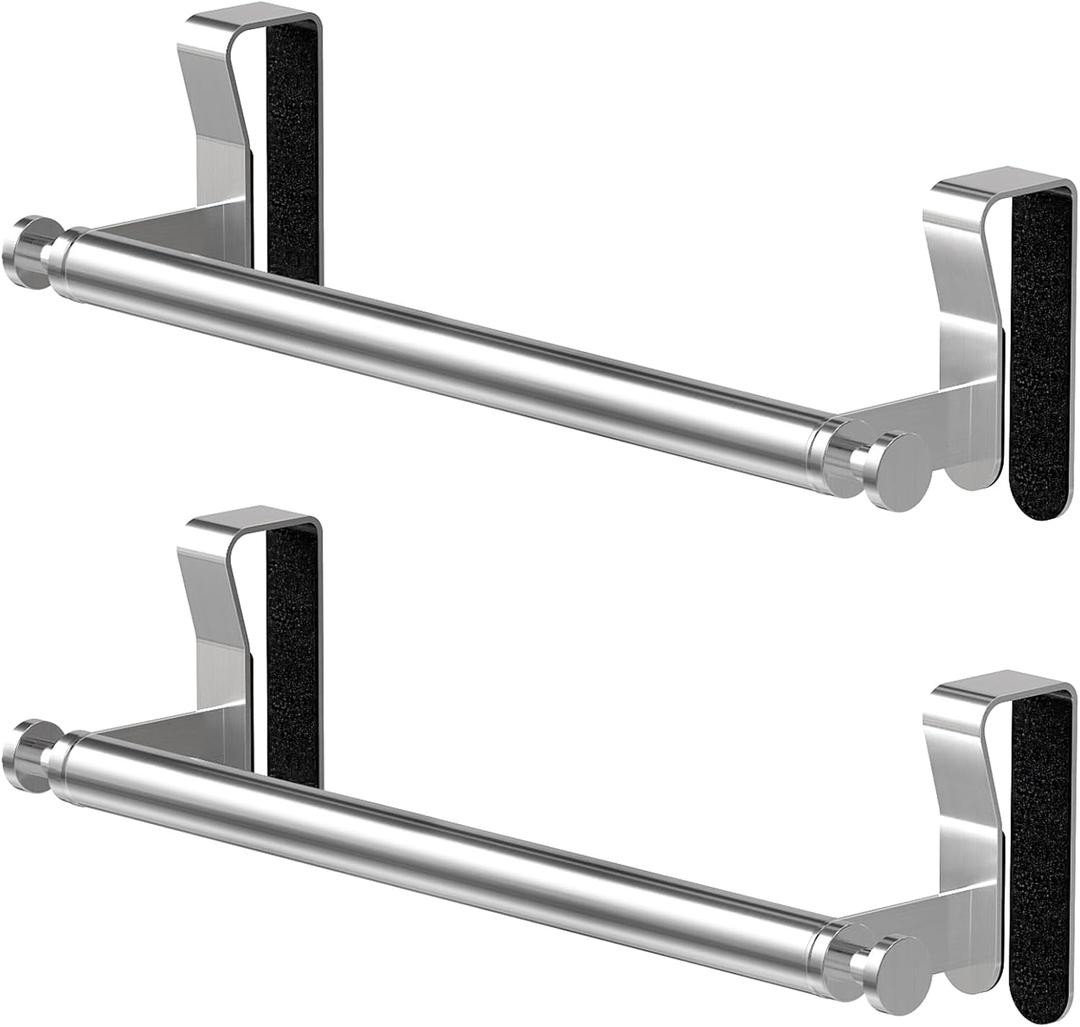 Over Cabinet Towel Holder, Stainless Steel Over The Cabinet Towel Rack Bars for Kitchen Cabinet Doors, Dish Towel Holder with Hooks, 2 Pack (Brushed Nickel) (10.5 inch)