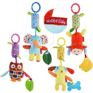 Toys for 0 3 6 9 to 12 Months, Soft Hanging Crinkle Squeaky Sensory Learning Toy Infant Newborn Stroller Car Seat Crib Travel Activity Plush Animal Wind Chime with Teether for Boys Girls