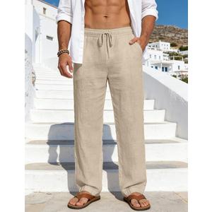 Men's Casual Linen Pants Loose Fit Drawstring Waist Lightweight Linen Trousers Summer Yoga Beach Long Pants, Size XXL