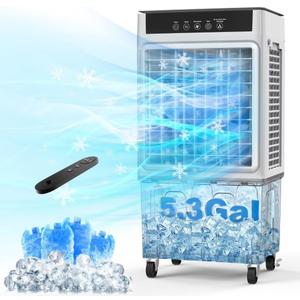 2200CFM Portable Air Conditioners w/Remote, 3-IN-1 Evaporative Swamp Air Cooler w/Remote, 24H Timer, 5.3 Gal Water Tank & 4 Ice Packs, 50Oscillation, 3 Speeds For Outdoors/Indoors, Home Office