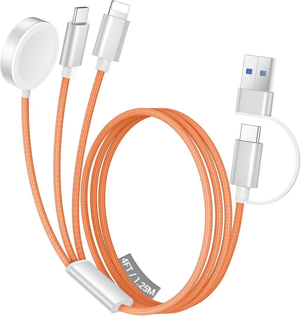 Temdan for Travel Vacation Essentials,3 in 2 USB C Cable for Apple Watch Charger/iPhone 17 Charger,Multi Charging Cable Cord,Camping Essentials,Designed for iWatch &iPhone 16-12-4FT Orange