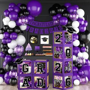 Graduation Decorations Class of 2026,Purple and Black Graduation Decorations Set of 4 Balloons Boxes with Balloon Arch Kit,2026 GRAD So Proud of You Theme for Congrats Grad Party Supplies
