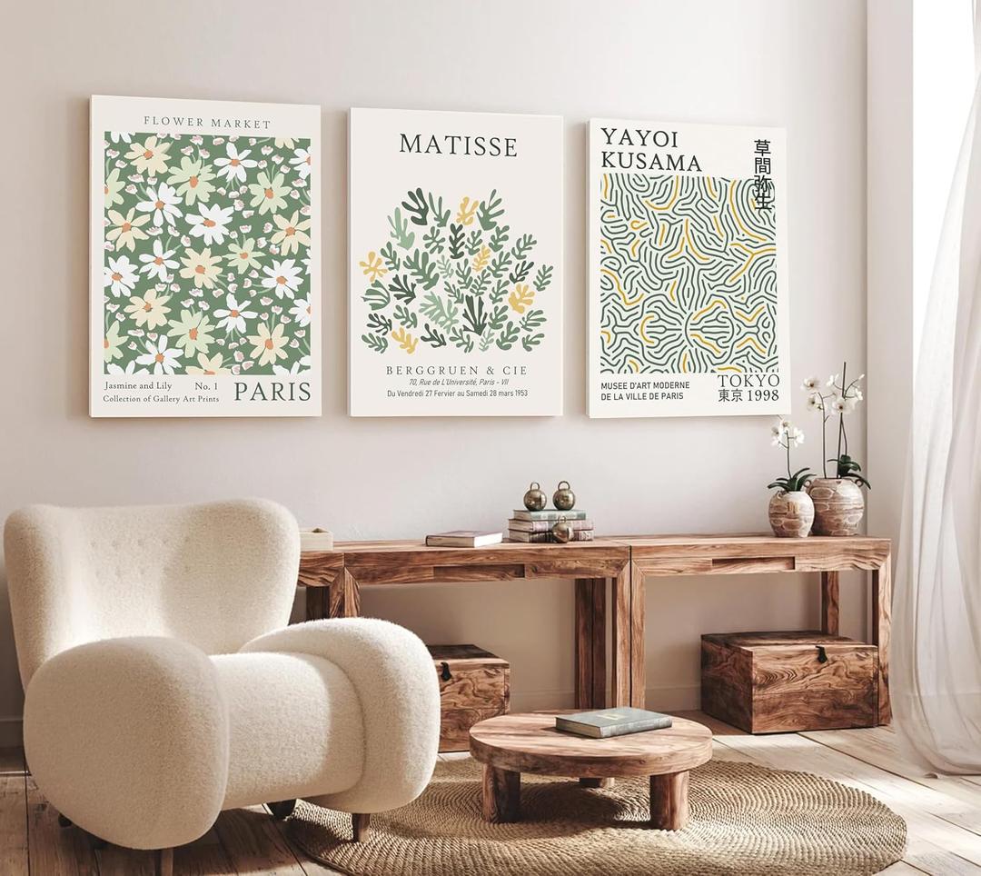 Induslyfe Large Framed Green Wall Art Canvas Decor Set of 3, Matisse Wall Art Framed Prints Posters Mid Century Modern Art, Aesthetic Floral Botanical wall art for bedroom, living room bathroom 18x24