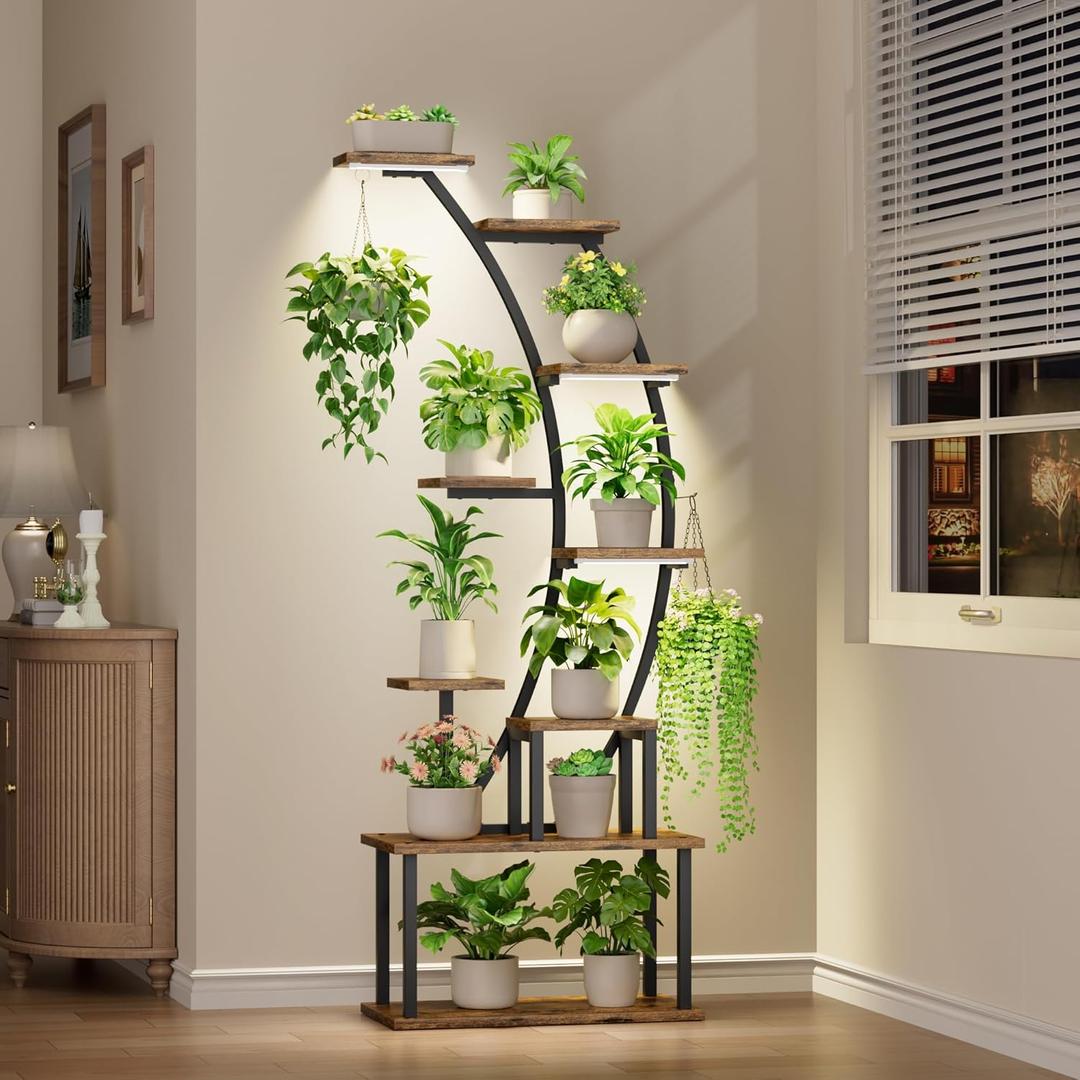 Plant Stand Indoor with Grow Lights, 63" Tall Indoor Plant Shelf, 9 Tiered Corner Plant Holder, Large Flower Display Shelves for Living Room, Bedroom, Office, Home Decor