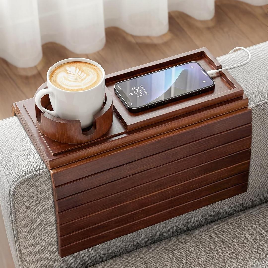 Bamboo Sofa Armrest Tray, Foldable Couch Arm Tray Side Table, 2 in 1 Anti-Falling Armrest Tables Cup Holder for Snacks, Drinks, Beers, Phone, Control, Flexible and Portable, Anti-Slip, (Brown)