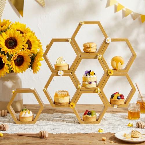 Lallisa 8 Pcs 6.3 Inch Honeycomb Cupcake Stand Bee Baby Shower Decorations with 16 Bee 8 Flower Farmhouse Wooden Hexagon Cake Display Holder Beehive Shelves Table Sign for First Gender Reveal