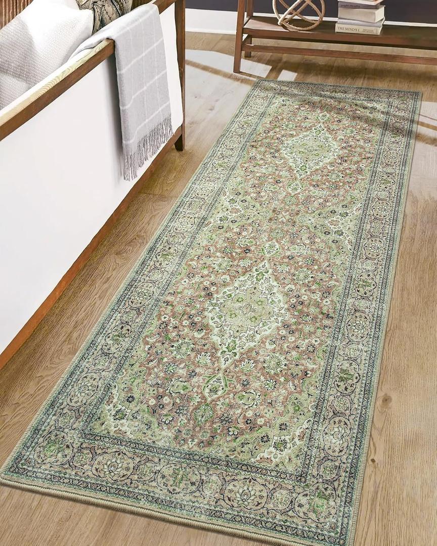Washable Runner Rug, Sage Green 2x6 Rugs Non Slip, Indoor Low Pile Carpet with Rubber Backing for Hallway Kitchen Bathroom Entryway Bedroom (Green/Light Brown)