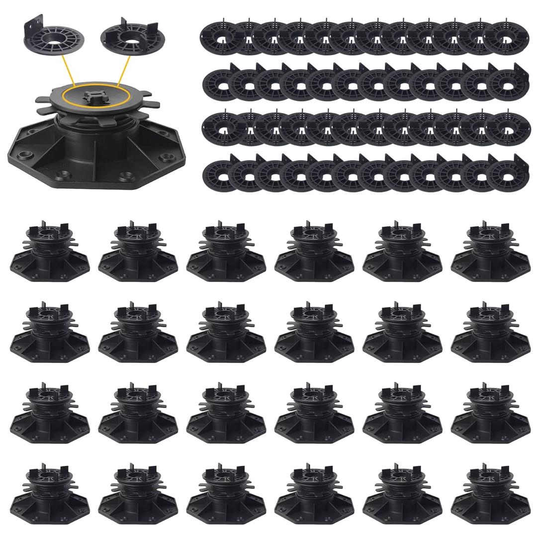 24-Pack Adjustable Decking Supports, with Replaceable 24-Pack Deck Block Heads for Tiles, 40-70mm Height Range, Plastic Pedestals Deck, Effortless Leveling & Drainage, Heavy-Duty Deck Foundation