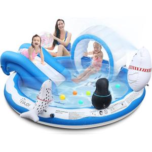 Inflatable Play Center, EVAJOY Kiddie Pool with Slide for Children, Sprinkler, Ice & Snow Theme with Inflatable Dolls, Easy Setup for Garden, Backyard, Indoor Usage (72''x68''x8.5'')